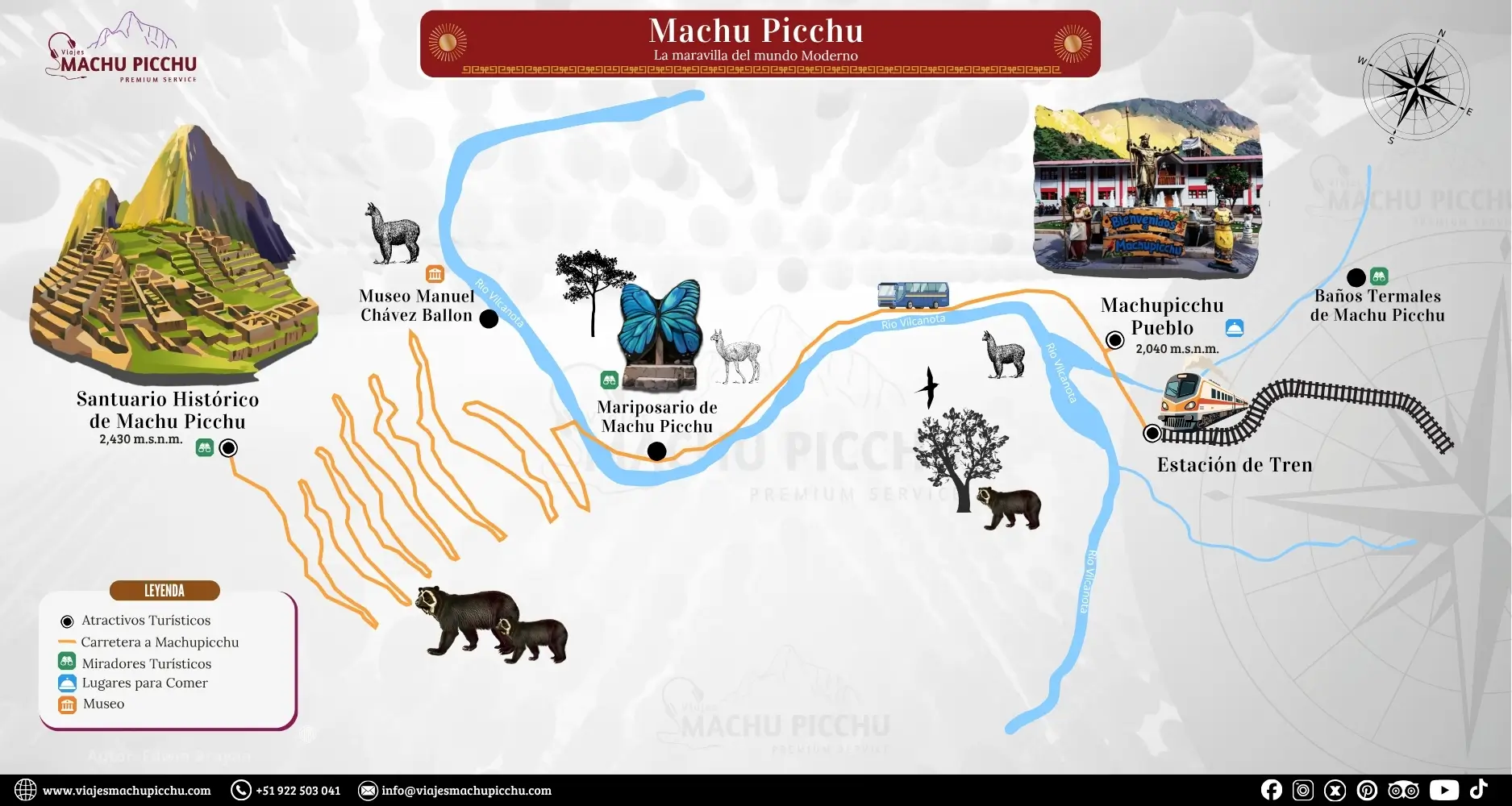 Mapa detallado de Machu Picchu con atractivos turísticos y senderos principales