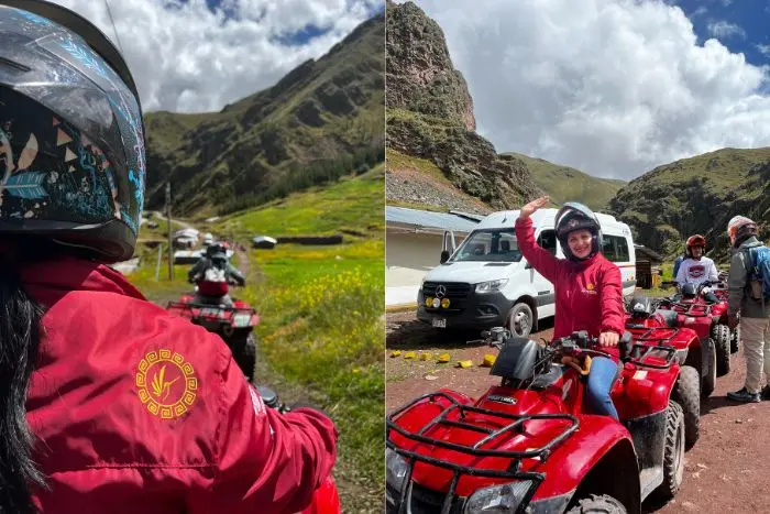 Tourists on ATVs heading to Rainbow Mountain, riding through Andean landscapes