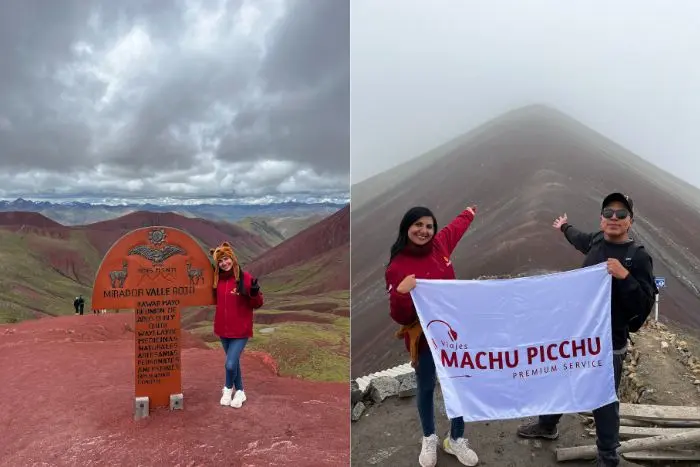 Tourists at the viewpoint of Rainbow Mountain and Red Valley, holding a Viajes Machu Picchu banner