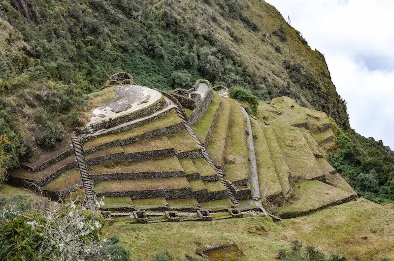 Phuyupatamarca, a remarkable Inca archaeological site along the Inca Trail, nestled in the Andean highlands. Cusco, Peru